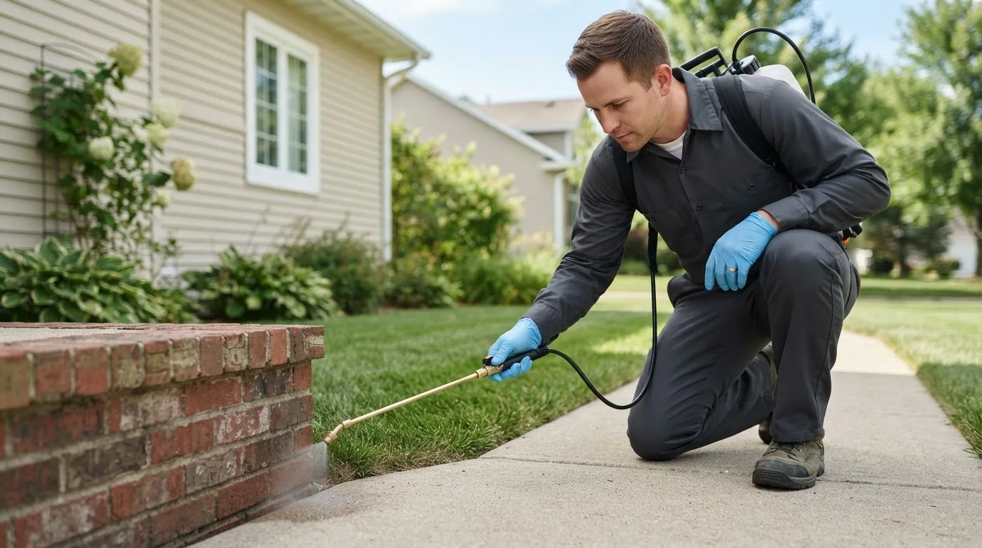 Pest control technician treating a home near New London, IA