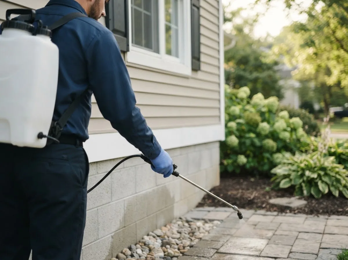 Pest control technician inspecting a home in New London, IA